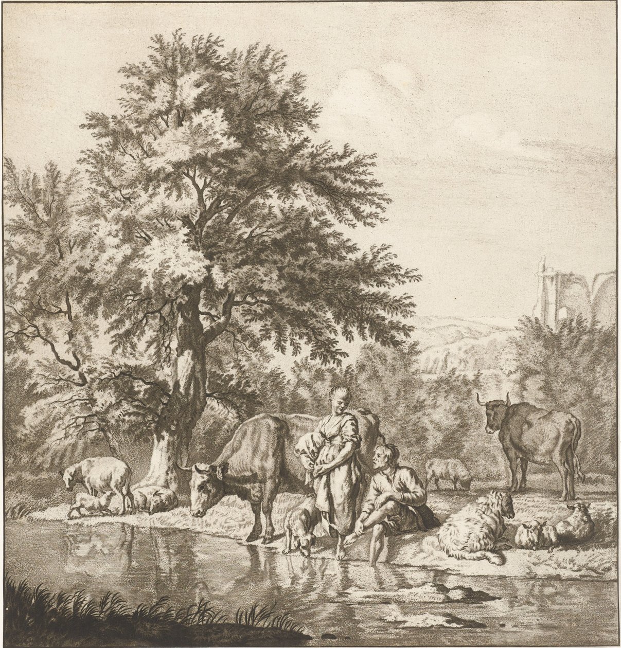 Herde och herdinna med flock vid en flod Tryck (serietitel) av Cornelis Ploos van Amstel