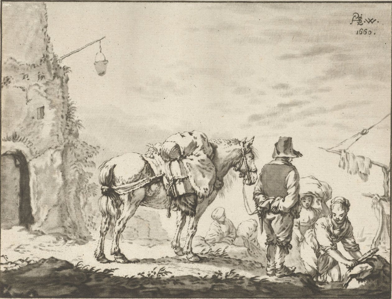 Man med häst med tvätterska av Cornelis Ploos van Amstel