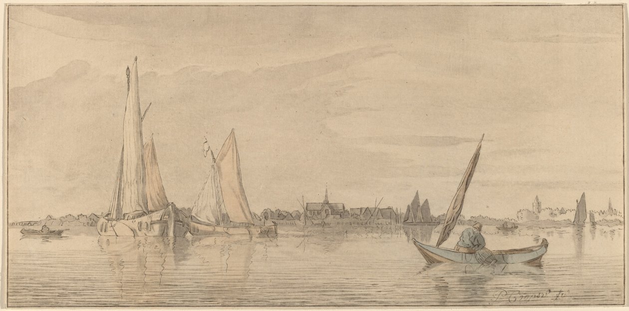 Flod med stad av Cornelis Ploos van Amstel