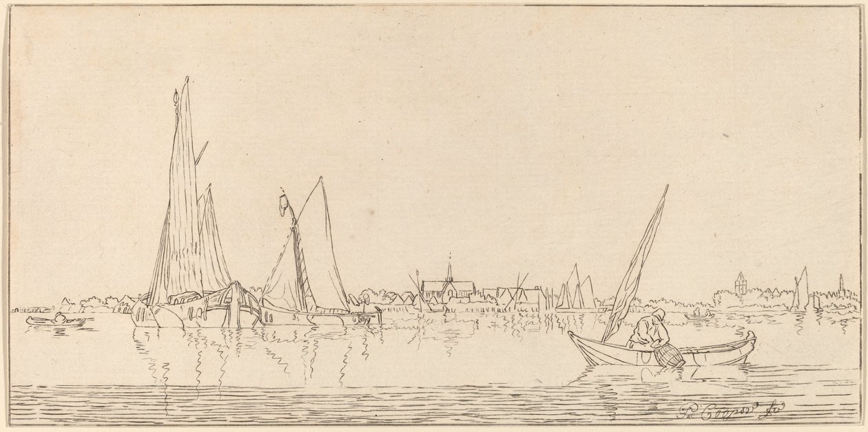 Flod med stad av Cornelis Ploos van Amstel