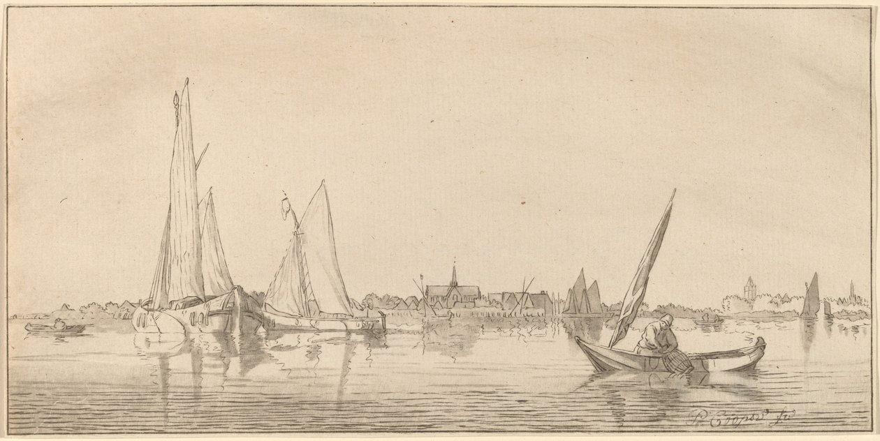 Flod med stad av Cornelis Ploos van Amstel