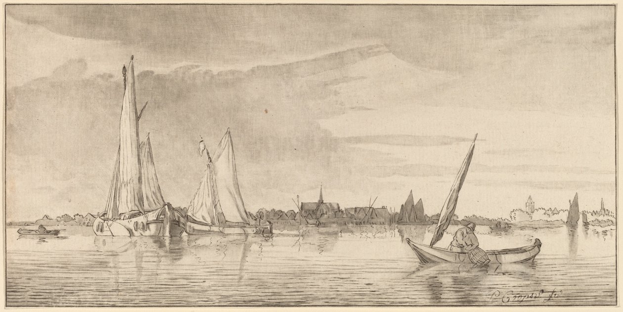 Flod med stad av Cornelis Ploos van Amstel