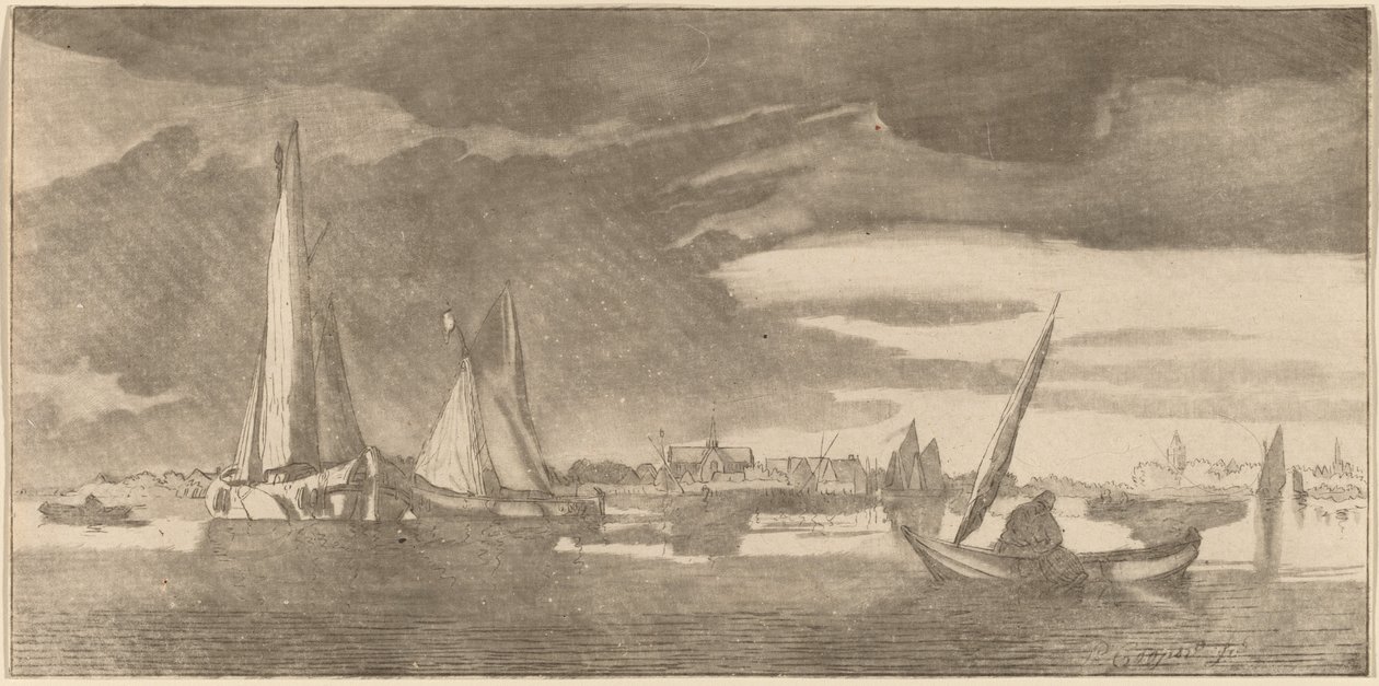Flod med stad av Cornelis Ploos van Amstel