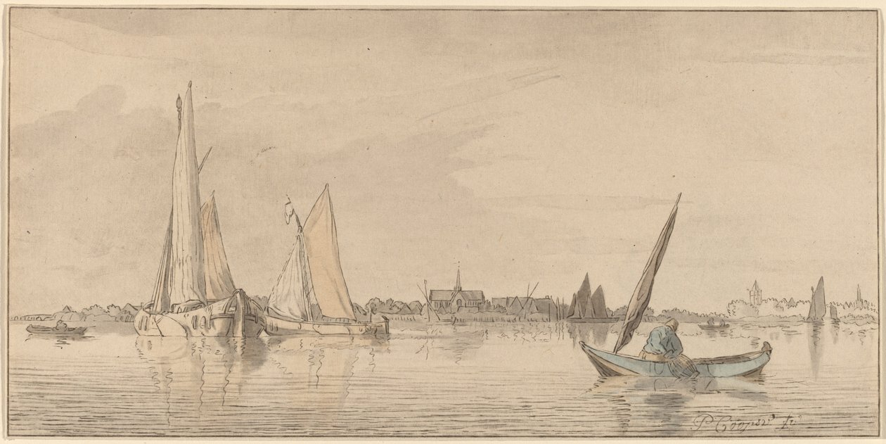 Flod med stad av Cornelis Ploos van Amstel