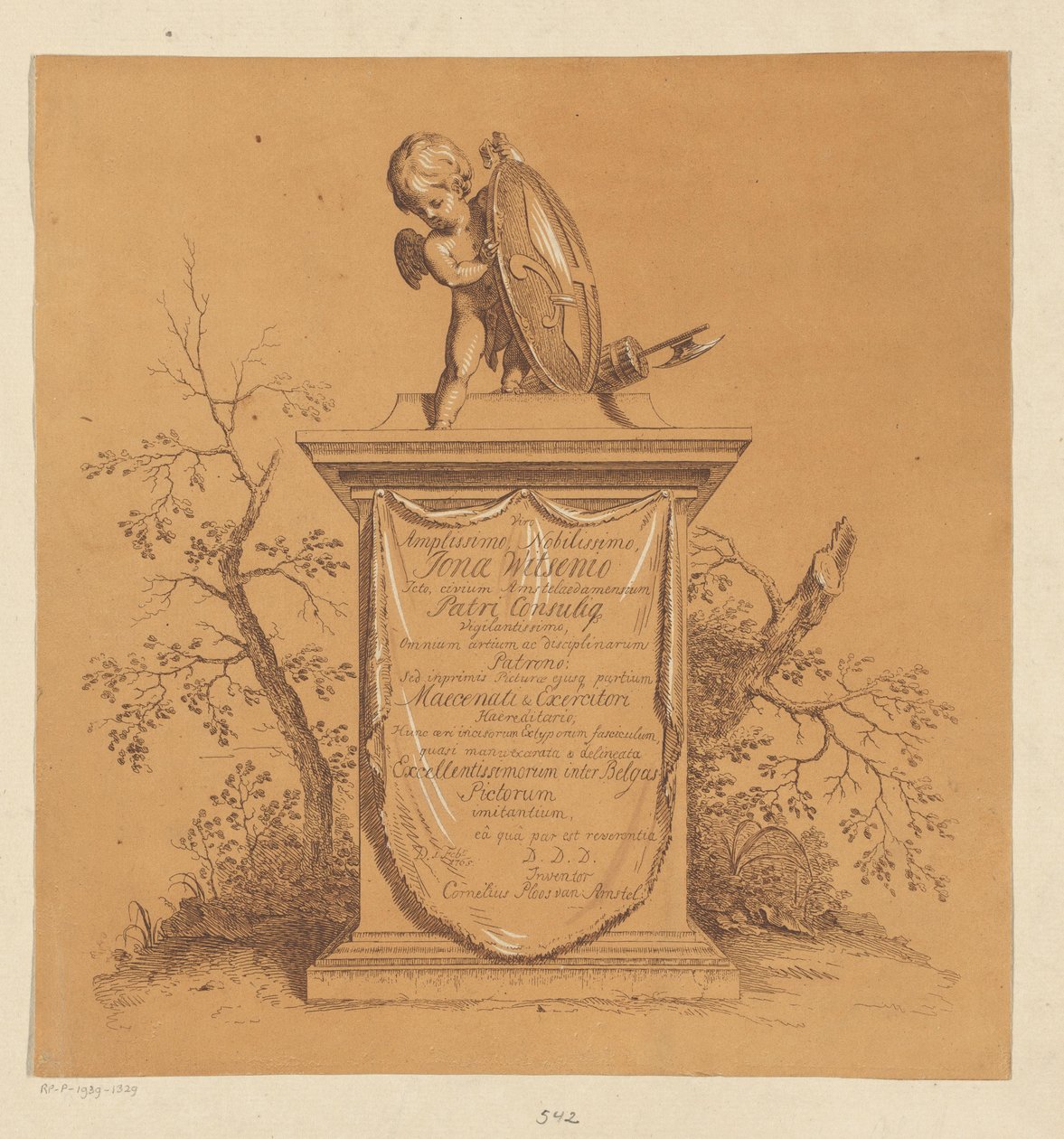 Stående putto på ett monument med dedikation till Jonas Witsen av Cornelis Ploos van Amstel