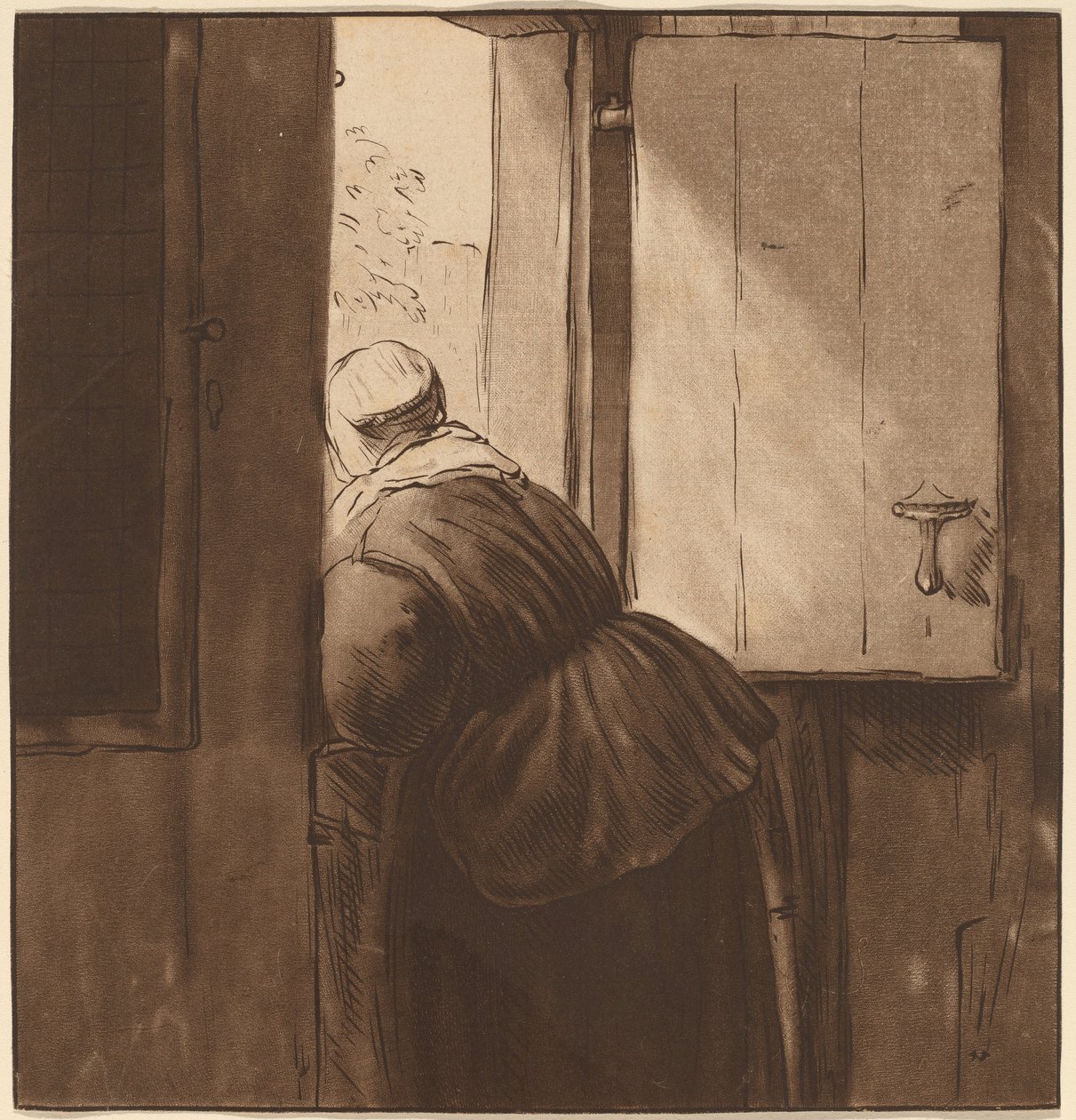 Kvinna lutad över en nedre dörr, 1761, publicerad 1765. av Cornelis Ploos van Amstel