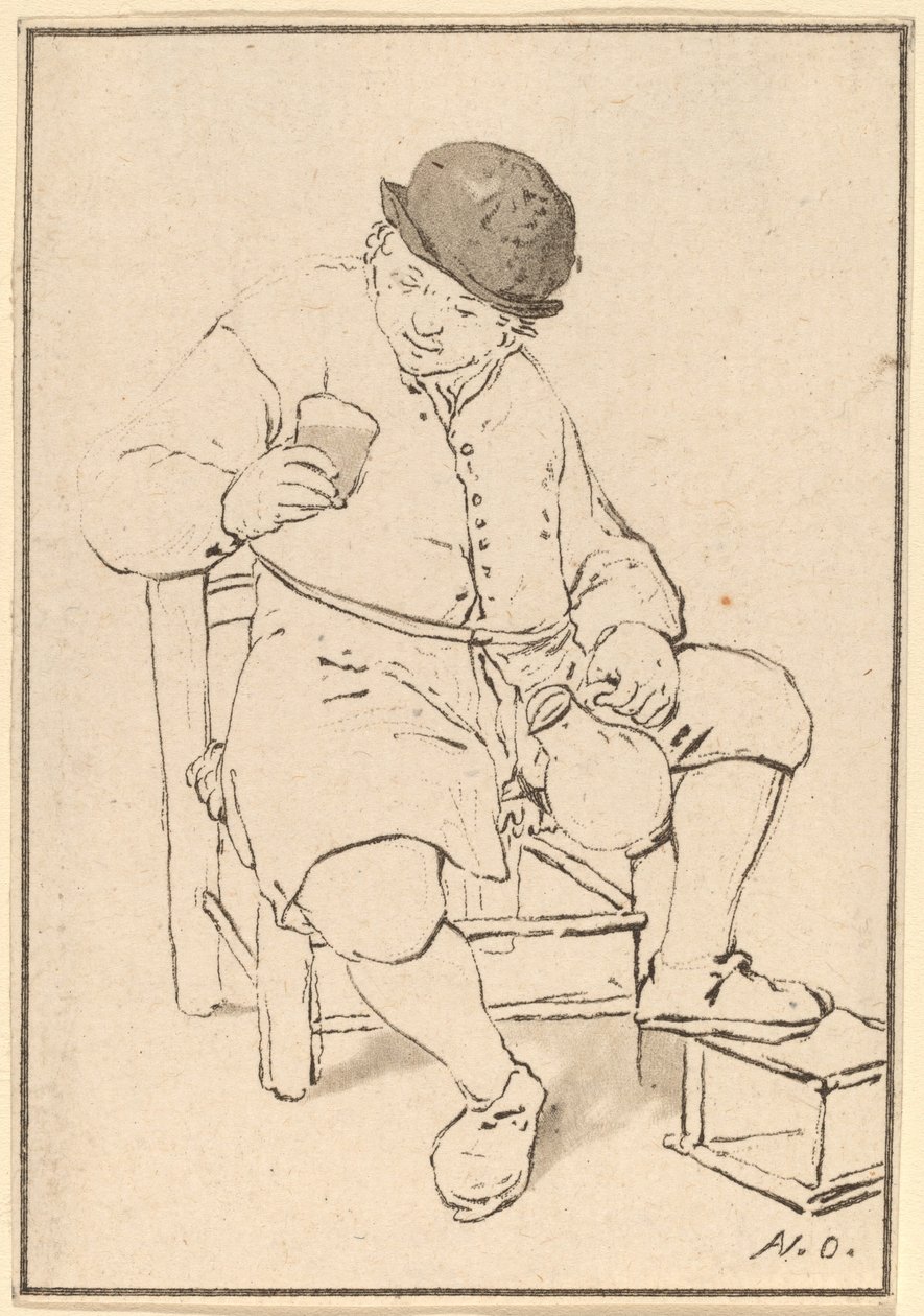 Sittande bonde med kanna av Cornelis Ploos van Amstel after Adriaen