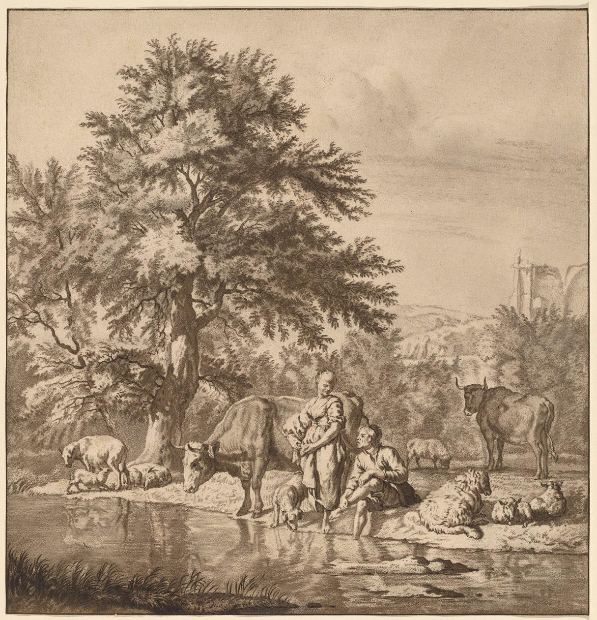 Herde och herdinna med sin flock av Cornelis Ploos van Amstel after Adriaen