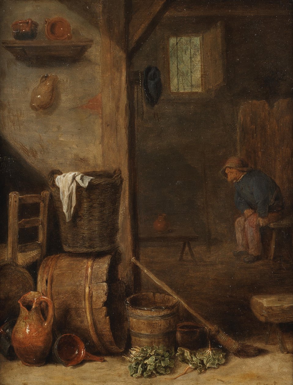 En köksinredning med en figur sittande i det angränsande rummet av Cornelis Saftleven