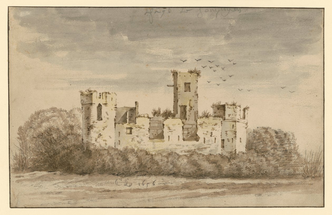 Slottsruin, övervuxen av tät buskvegetation av Cornelis Saftleven
