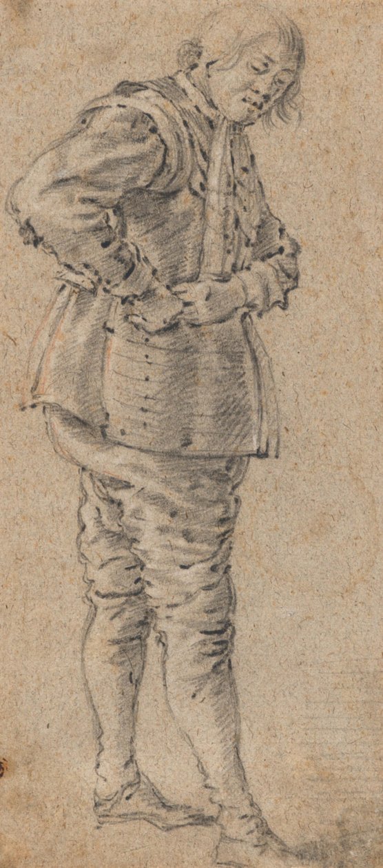 En stående man som tar på sig en rustning av Cornelis Saftleven