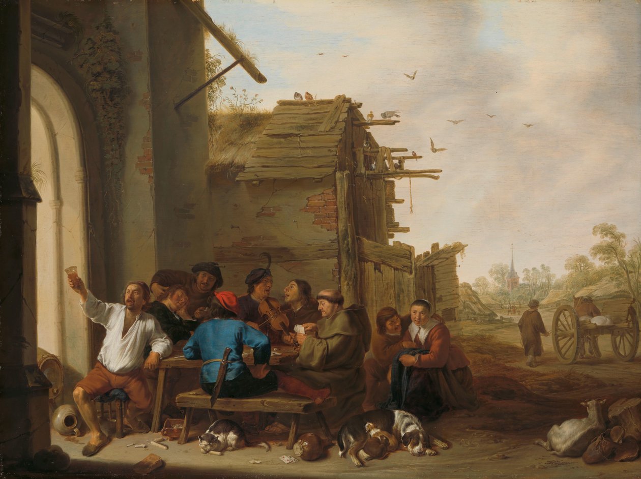 Figurer före ett Village Inn Ett sällskap av countryfolk av Cornelis Saftleven