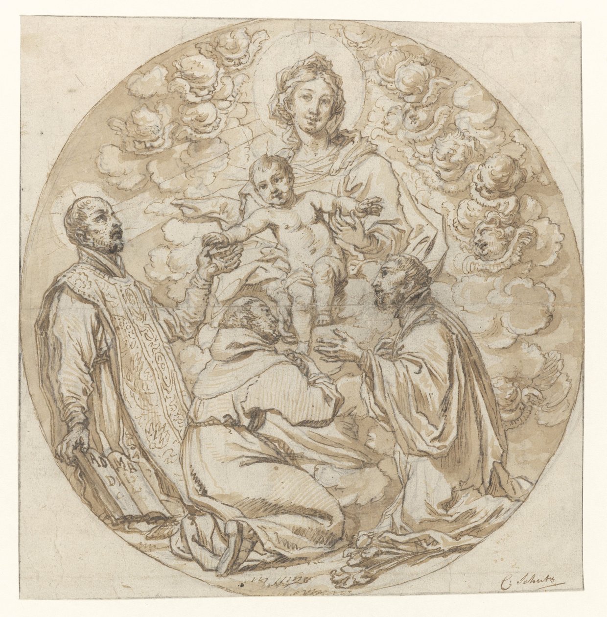 Jungfru och barn dyrkade av den helige Ignatius av Loyola, den helige Franciskus Xavier och den helige munk av Cornelis Schut (I)