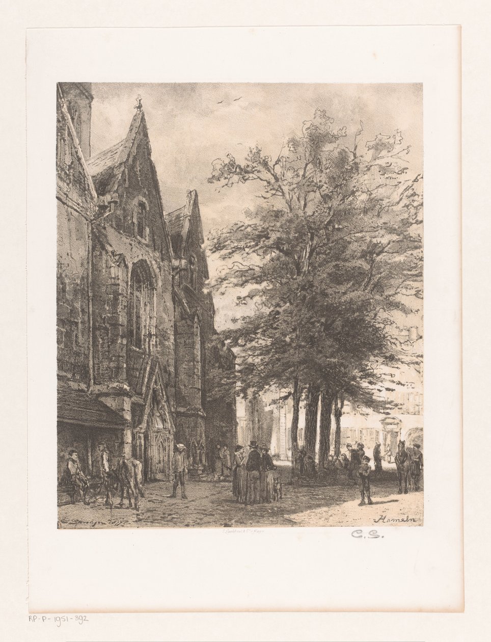Människor framför Marknadskyrkan i Hameln Hamelin (titel på objekt) av Cornelis Springer