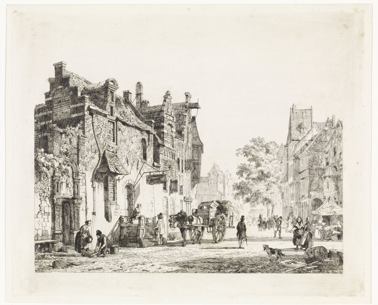 Stadsbild med hästvagn av Cornelis Springer