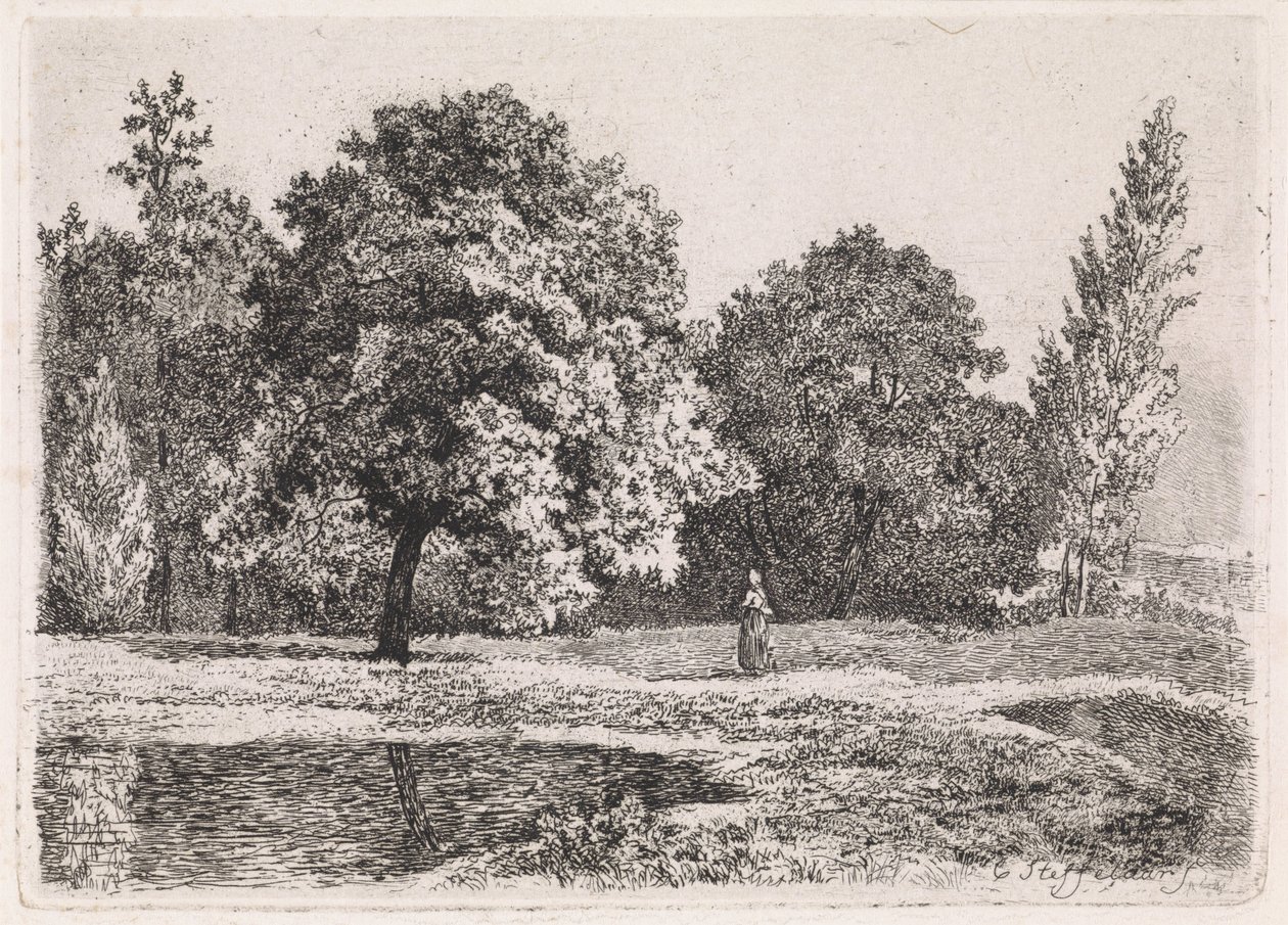 Landskap med träd, sjö och en kvinna Femte svit (serietitel) av Cornelis Steffelaar