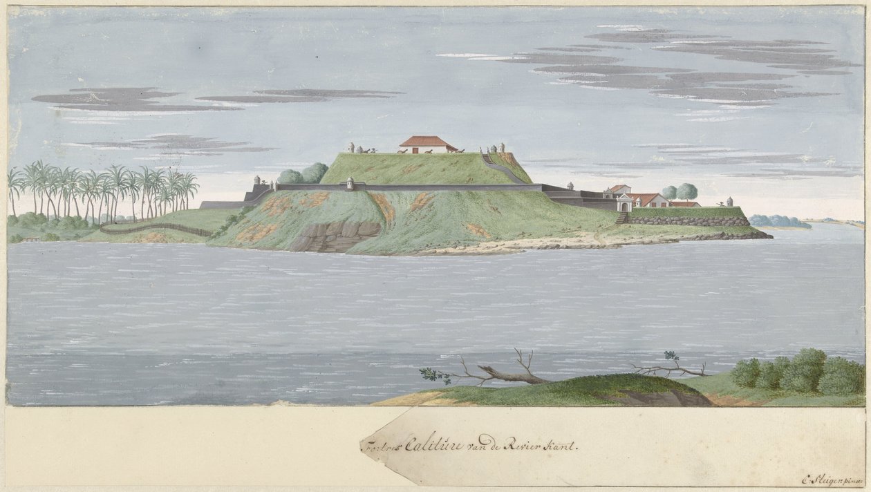 Fort Caliture i Ceylon, sett från floden Fortres Caliture från Revier-sidan (titel på objekt) av Cornelis Steiger