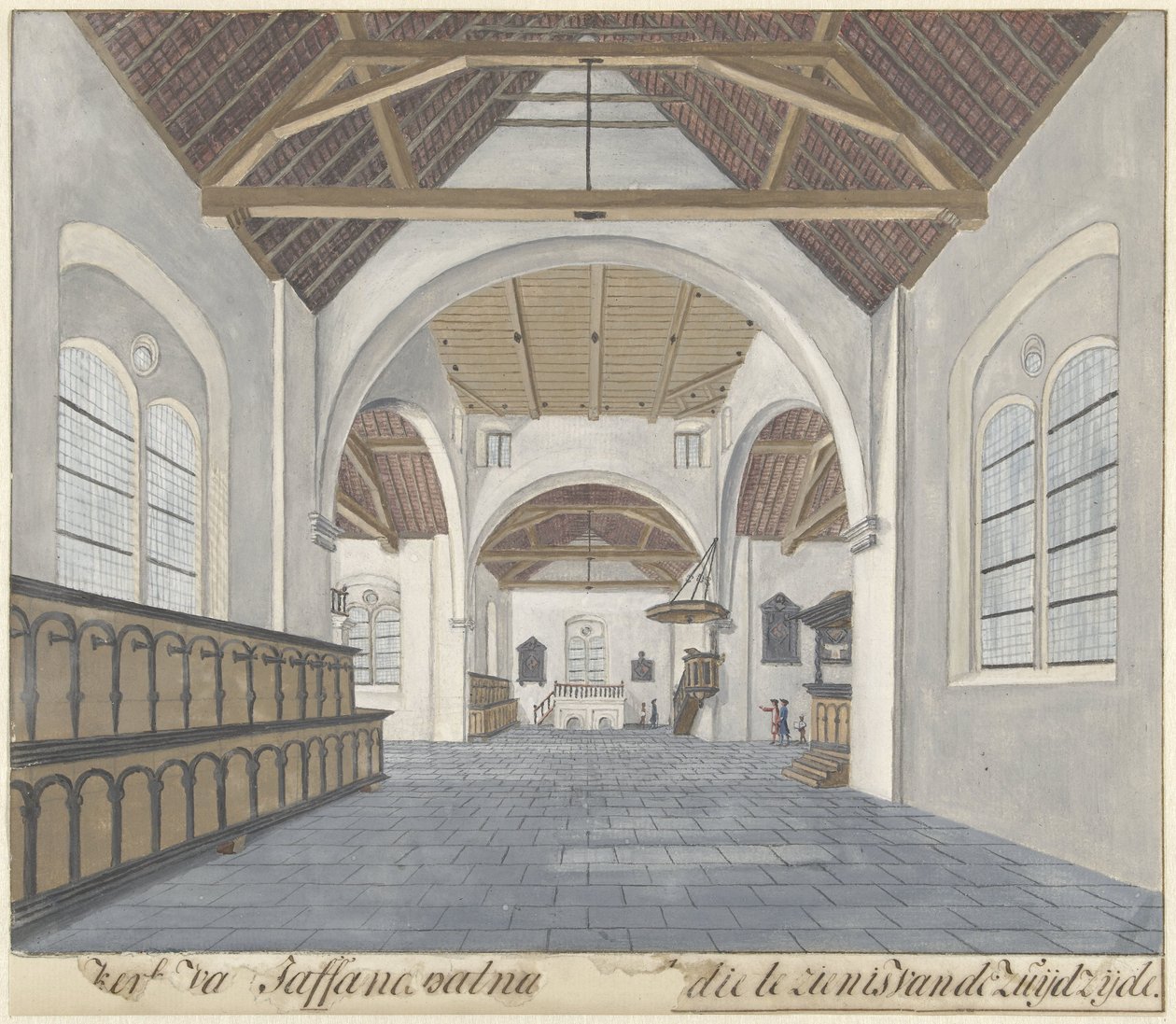 Interiör av kyrkan i fästningen Jaffnapatnam i Jaffna på Ceylon kyrkan [n] Jaffanapatna[m (...)] som kan ses från södra sidan (titel på objekt) av Cornelis Steiger