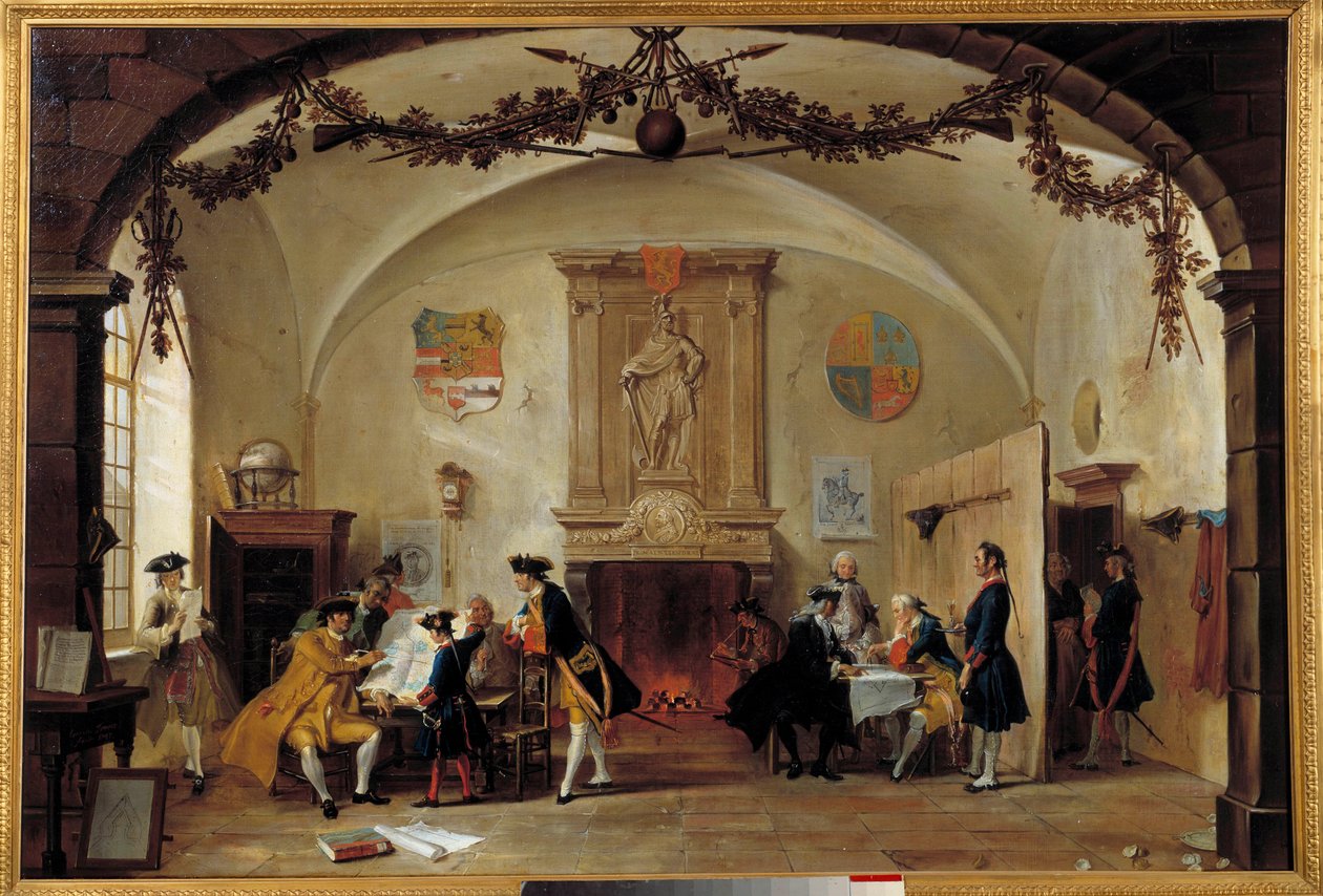Allegori om krig mot Frankrike Nederländska soldater studerar strategier under det spanska tronföljdskriget (1701-1714) mellan Frankrike och Spanien och en koalition bildad av England, Nederländerna och Preussen. Målning av Cornelis Troost (1697-1750) 1747 av Cornelis Troost