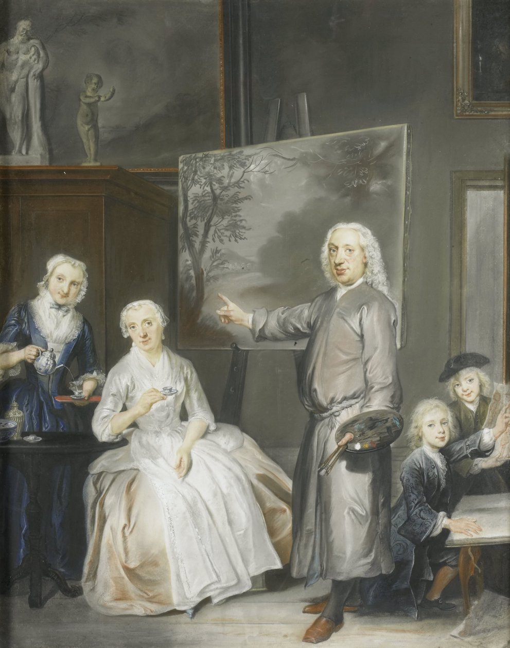 Landskapsmålaren Dirk Dalens III (1688-1753) med sin andra hustru Maria Schaack (d. 1766) och barnen Anna (född 1725), Willem (1737-60) och Jacobus (1741-63) av Cornelis Troost