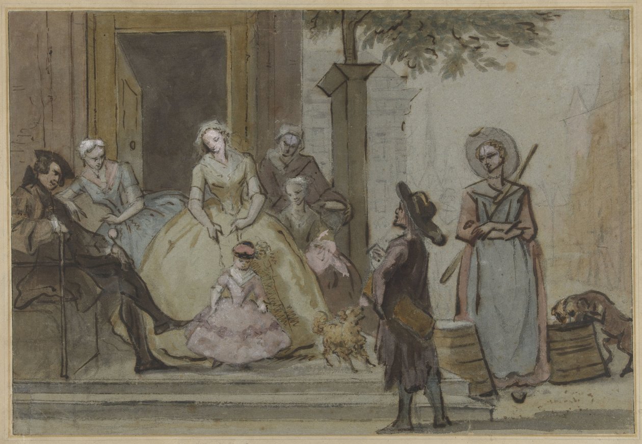 Hurdy-gurdy-spelare för en lyssnande familj på tröskeln till ett stadshus av Cornelis Troost