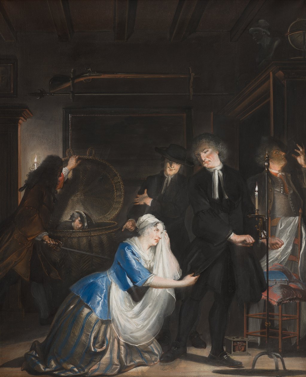 Falsk dygd upptäckt: Upptäckten av Volkert i tvättkorgen, 1739 av Cornelis Troost