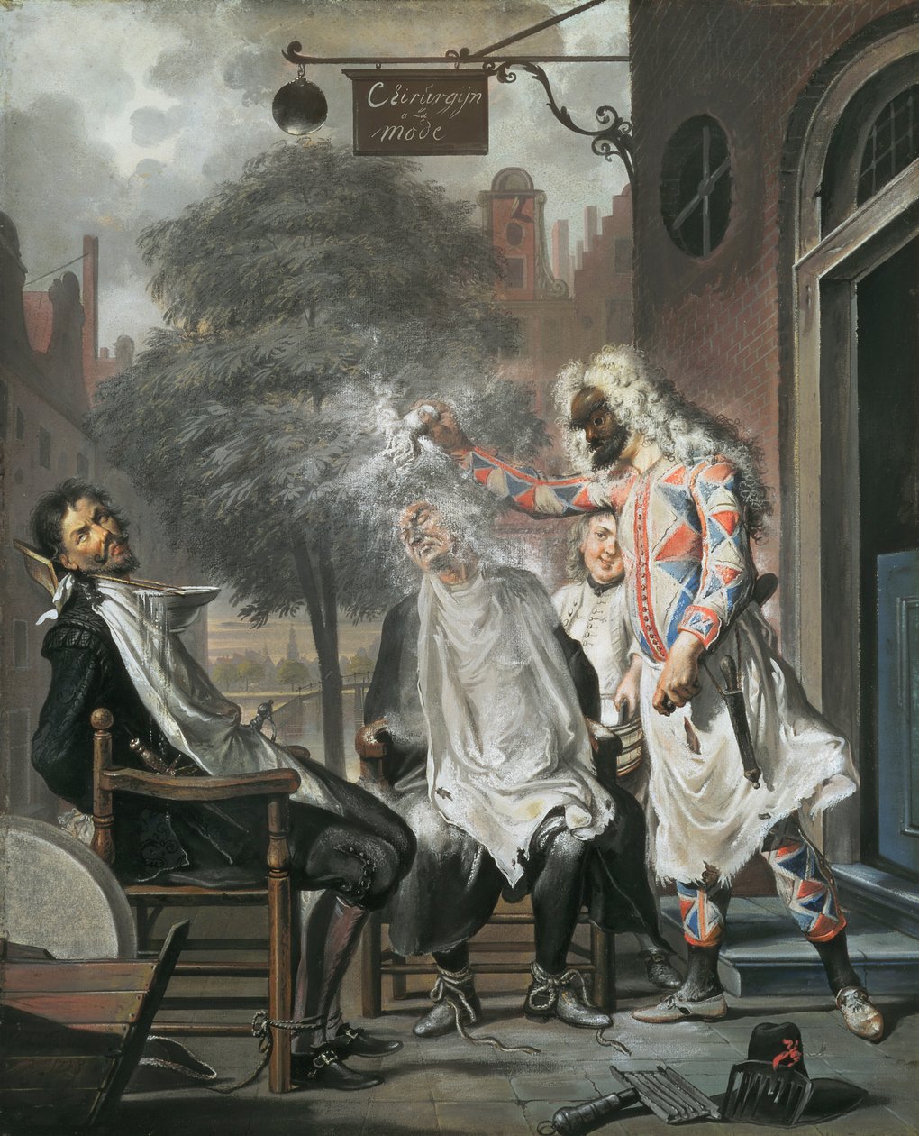 Harlequin, Magician and Barber: The Rivals Exposed, 1738 av Cornelis Troost