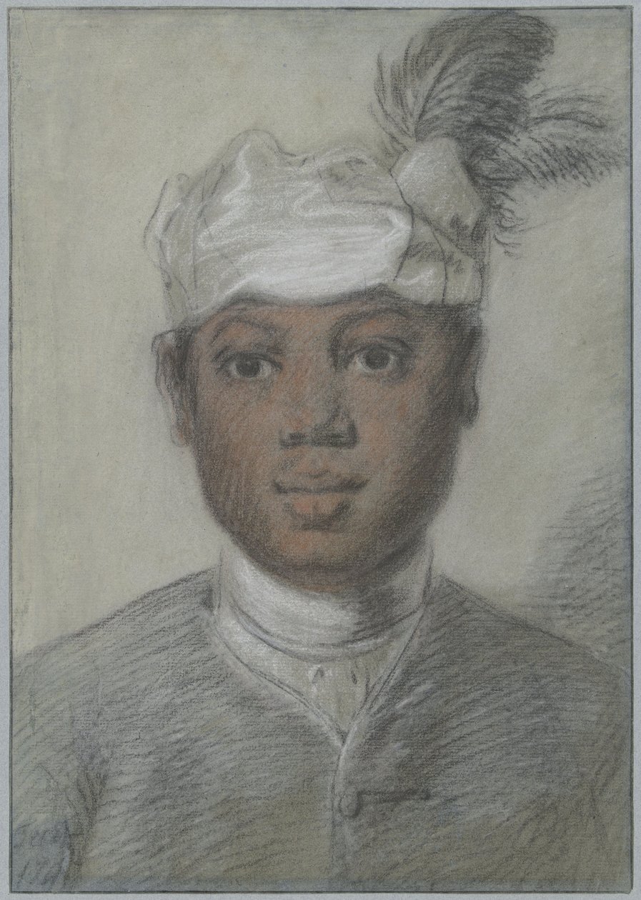 Huvudet av en svart ung man med fjäderturban av Cornelis Troost