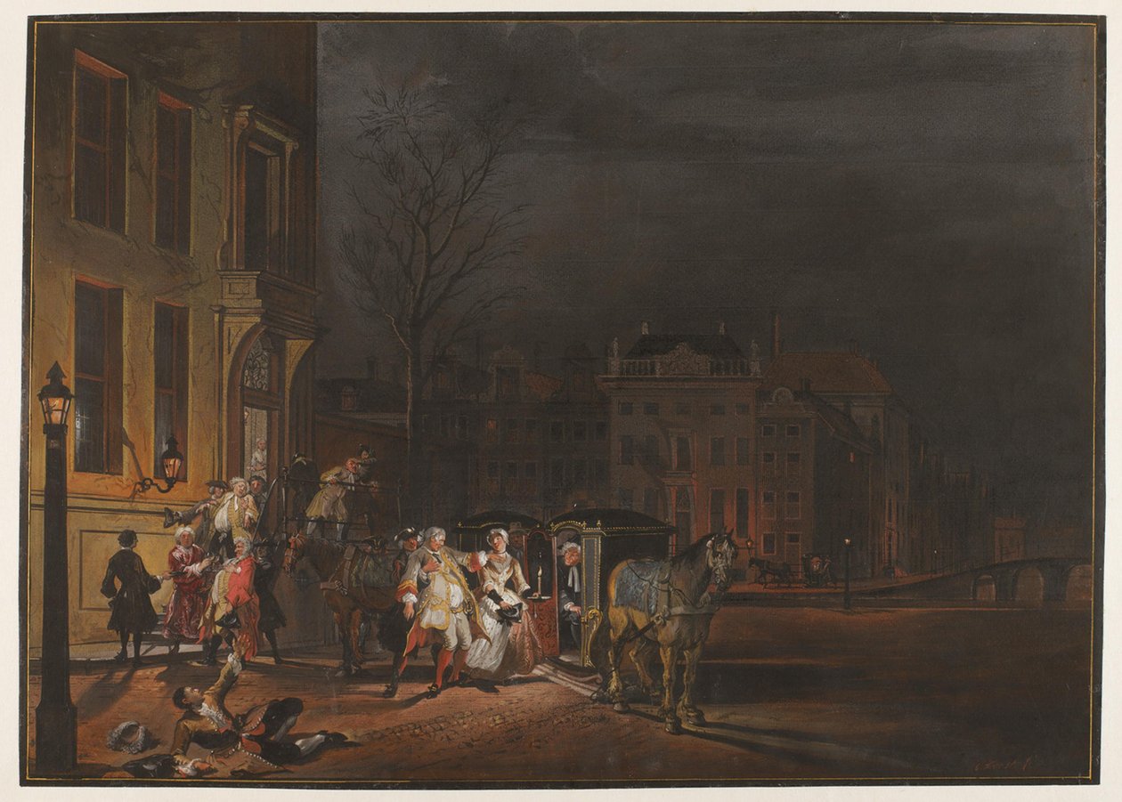 Ett sällskap förnäma herrars avresa efter en munter kvällstillställning av Cornelis Troost