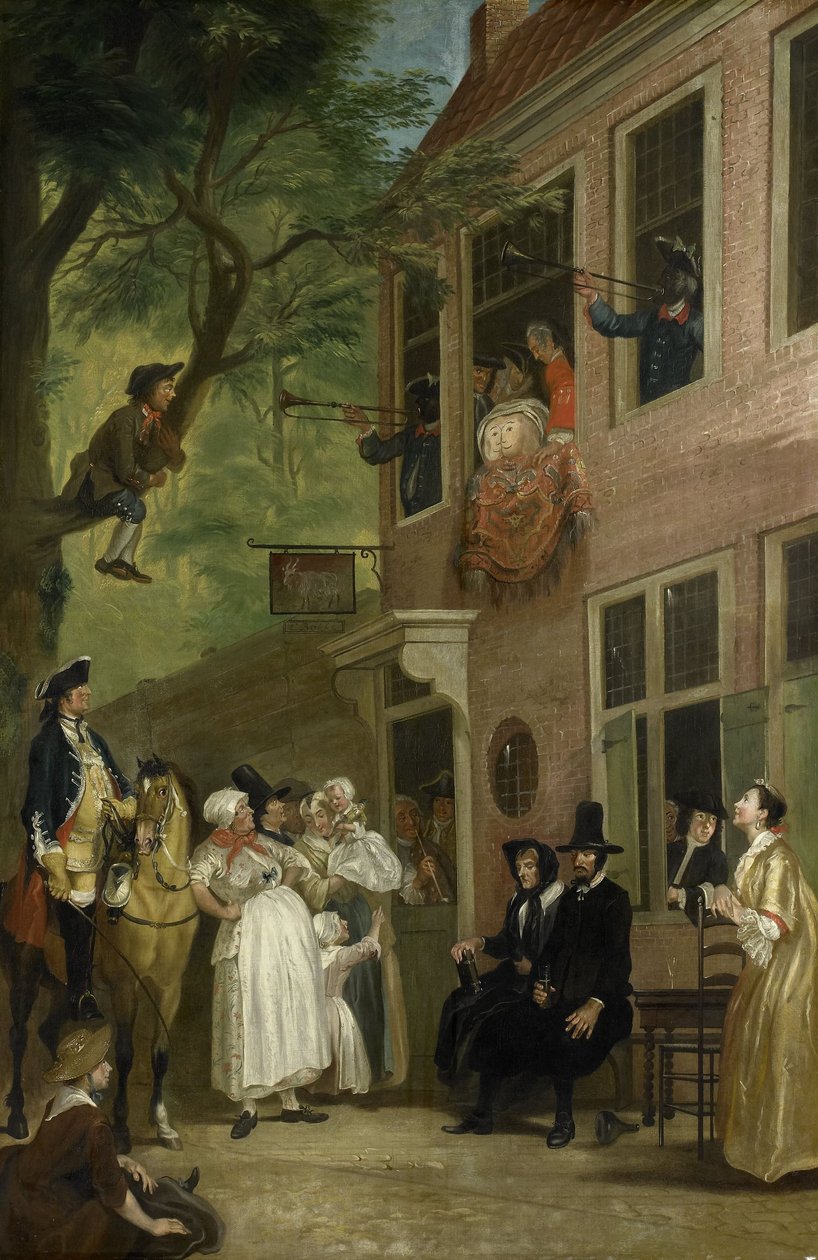 Vilseledd: Rascals ambassadör avslöjar sig själv från fönstret på "t Bokki Tavern i Haarlemmerhout, ca 1739 av Cornelis Troost