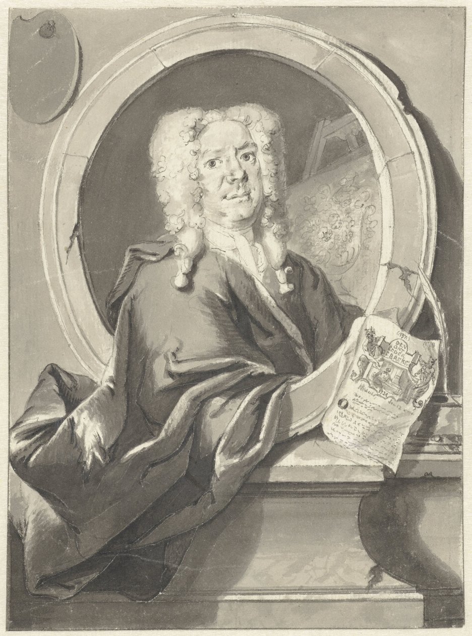 Porträtt av Jacob Campo Weyerman i medaljong av Cornelis Troost