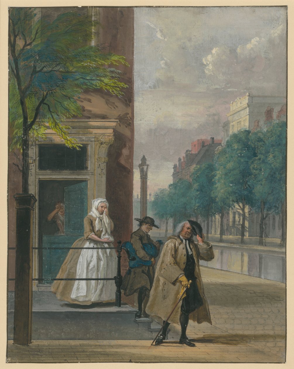Scen ur en komedi ("Den avslöjade hycklande dygden" av Lingelbach) av Cornelis Troost