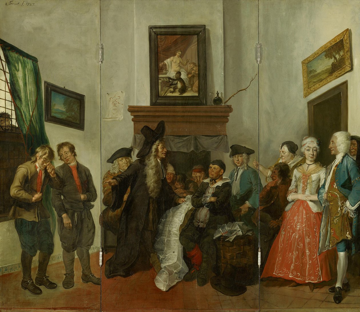 Triptyk som föreställer bonderätten ur lustspelet ”Beslikte Swaantje” av Cornelis Troost