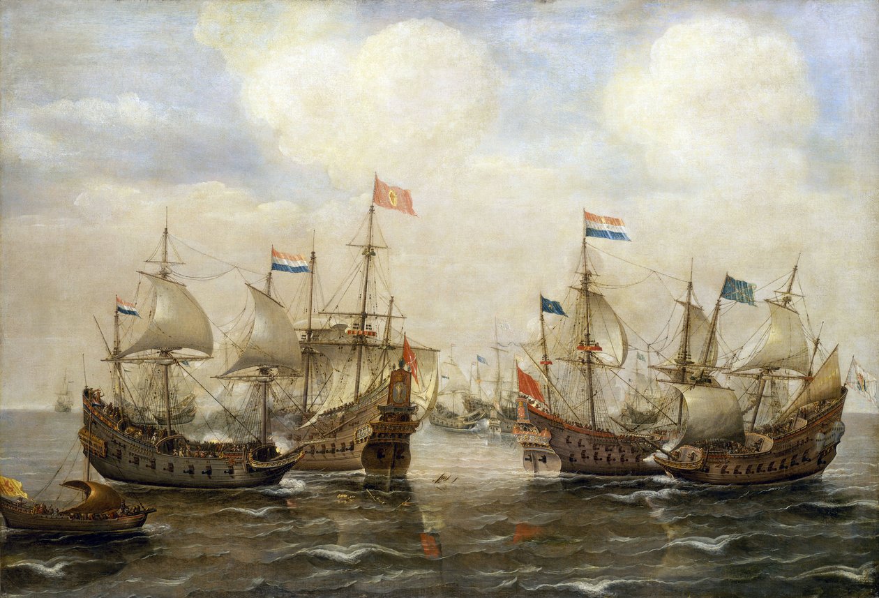En sammandrabbning mellan spanjorer och holländare omkring 1630, varje båt har sin flagga, och till vänster bär en båt de holländska generalstaternas flagga av Cornelis Verbeeck