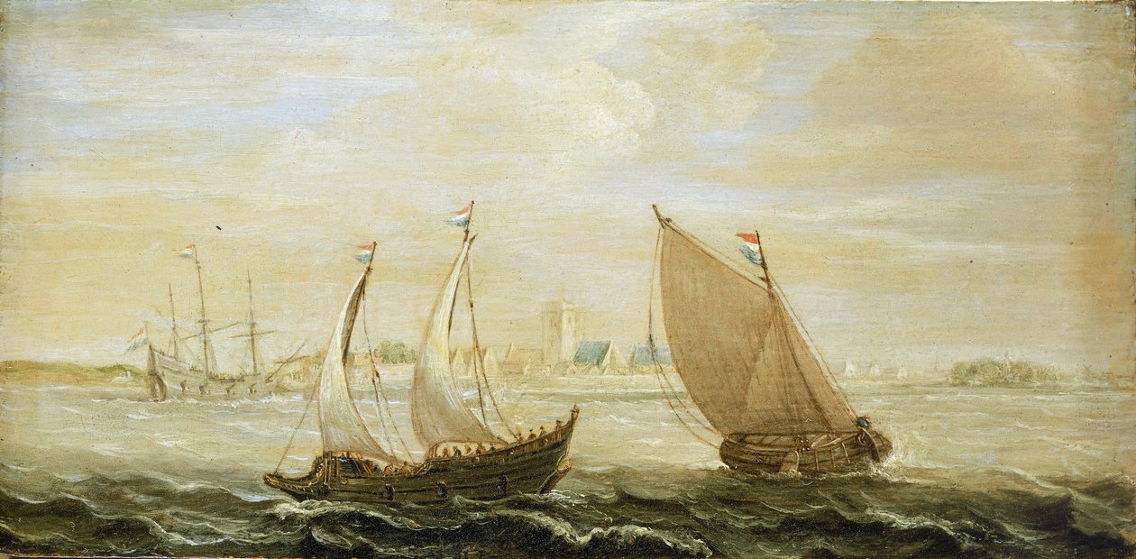 En yacht och ett litet holländskt segelfartyg utanför en hamn i Zuiderzee (Nordsjön), med utsikt över staden i horisonten och sanddyner till höger av Cornelis Verbeeck