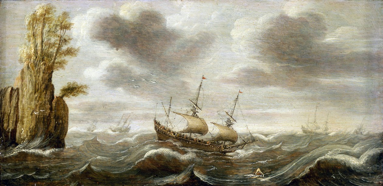 Holländsk båt på ett turbulent hav, snurrar av en klippa, med växtlighet på toppen, andra båtar finns representerade vid horisonten av Cornelis Verbeeck