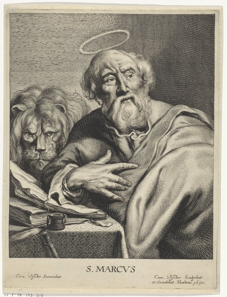 Evangelist Mark med lejon S. MARCVS (titel på objekt) Fyra evangelister (serietitel) av Cornelis Visscher (II)