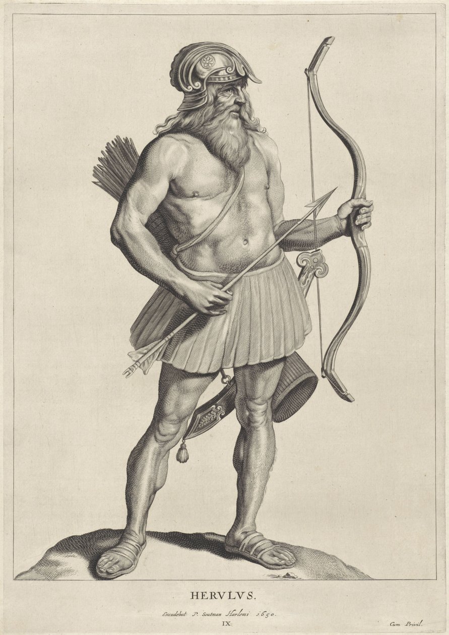 Herulian Herulus (titel på objekt) Oude hier woonachtige volken (serietitel) Peplus eller goterna, vandalerna, schwaberna, herulerna, gepiderna, markomannerna och de gamla fyrdubbla bilderna från fornminnena och Marcus Zuerius Boxhornius museum (serie tit av Cornelis Visscher (II)