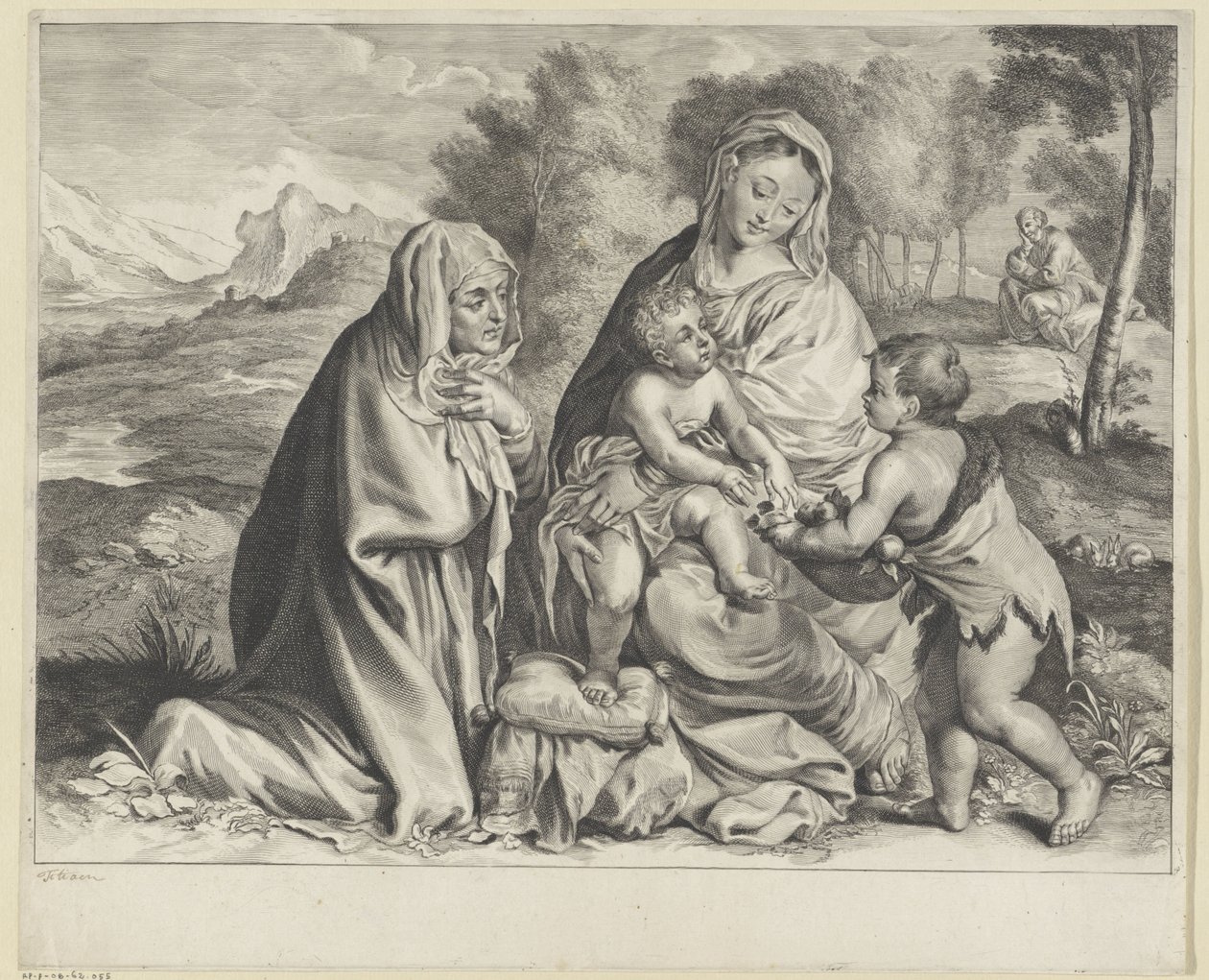 Landskap med den heliga familjen, Johannes Döparen och Elizabeth av Cornelis Visscher (II)