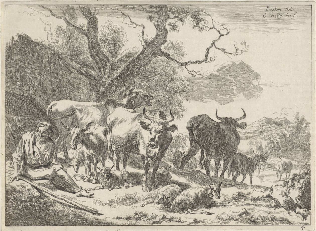Vilar gammal herde med sin flock Landskap (serietitel) av Cornelis Visscher (II)