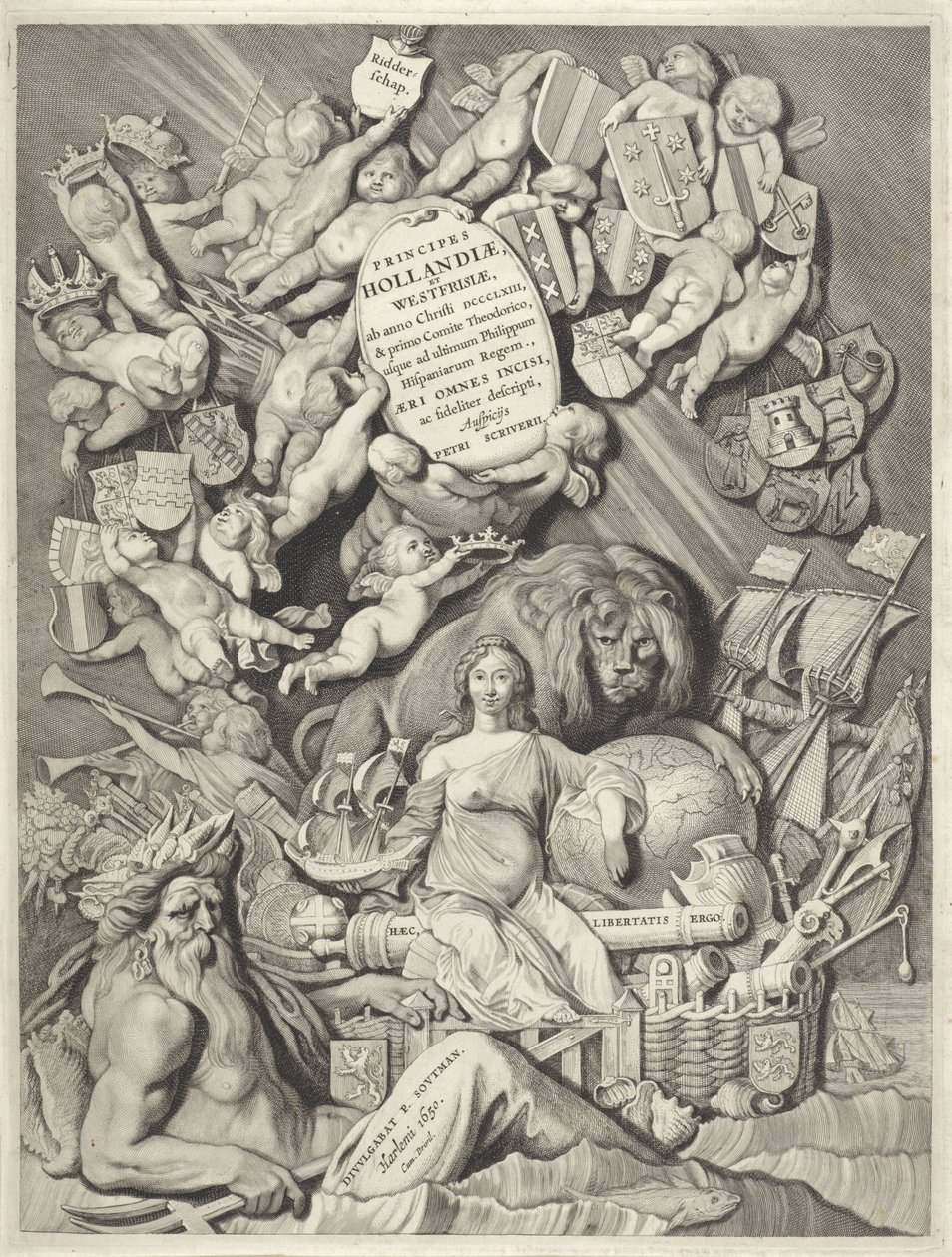 Titeltryck för en serie grevar och grevinnor av Holland, Zeeland och Västra Friesland PRINCIPER / HOLLANDIÆ, / ZELANDIÆ ET FRISIÆ, / (...) / PETRI SCRIVERII (titel på objekt) Grevar och grevinnor av Holland, Zeeland och Västra Friesland (serietitel) Prins av Cornelis Visscher (II)
