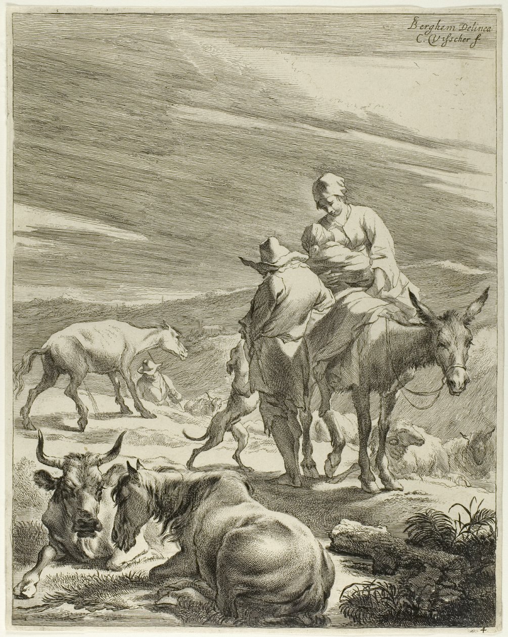 En mor och ett svept barn rider på en åsna, plansch 4 från Fyra landskap av Cornelis Visscher