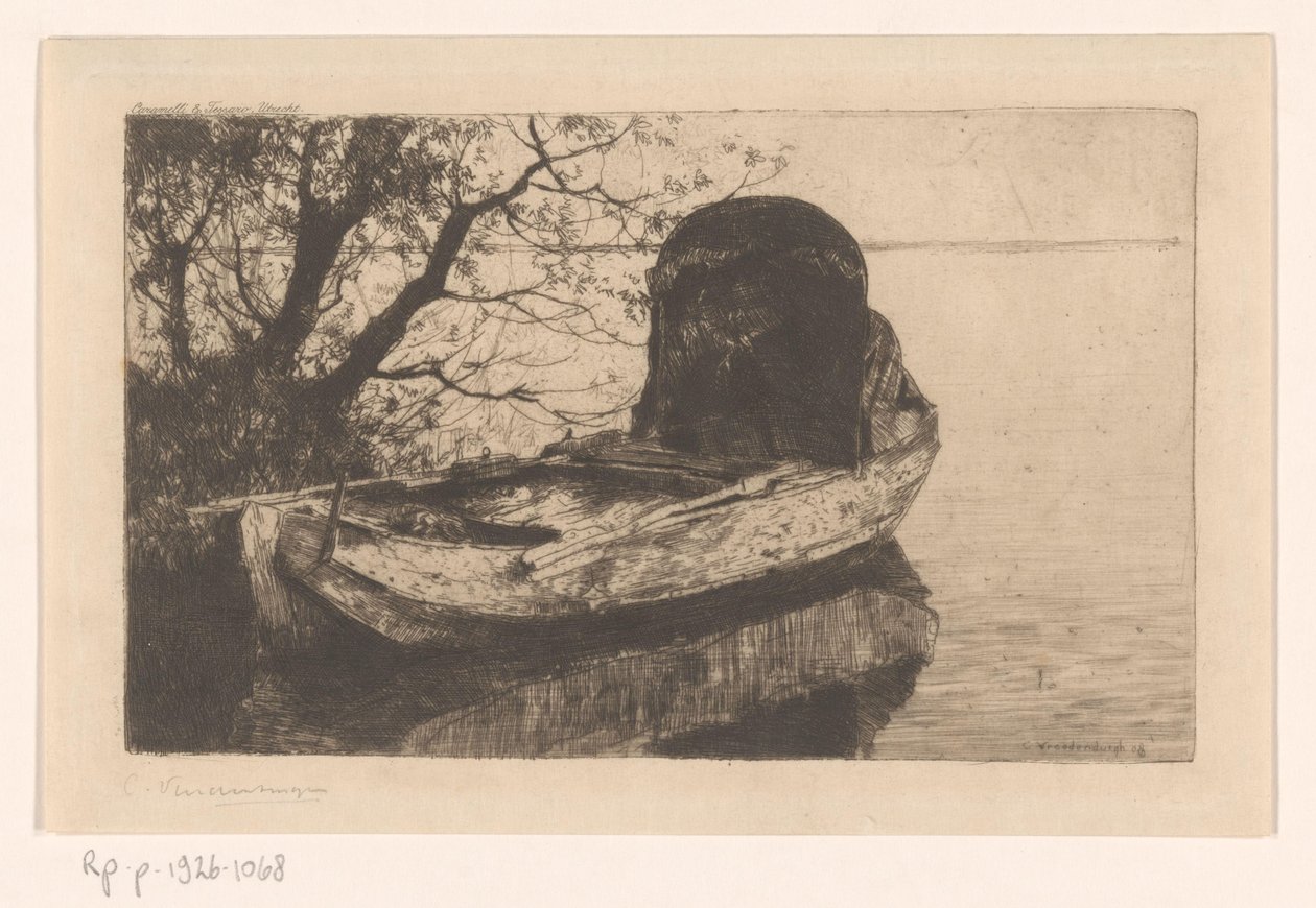Förtöjd roddbåt med kapell av Cornelis Vreedenburgh (signed by artist)
