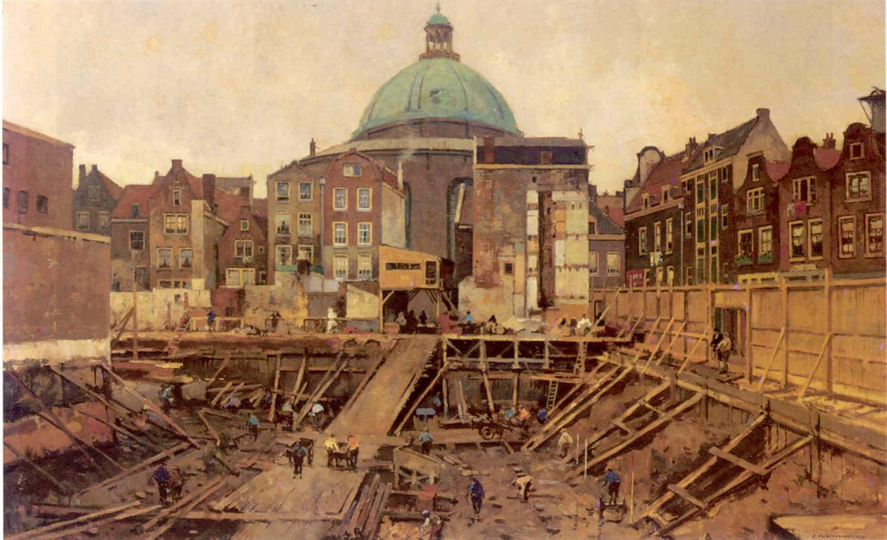 Byggarbetsplats vid Hekelveld med den runda lutherska kyrkan av Cornelis Vreedenburgh