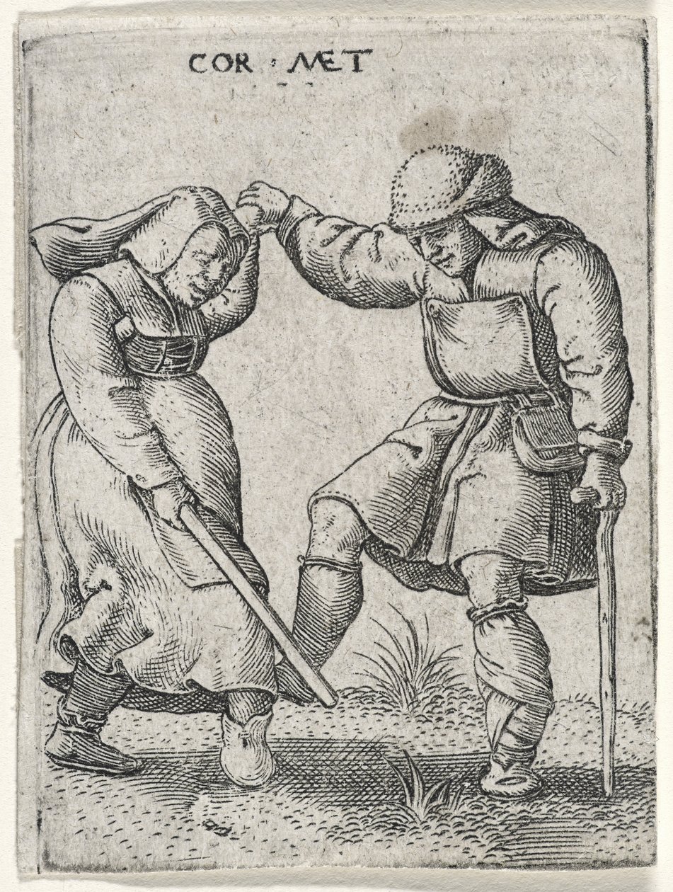 En man med en bandagerad fot dansar med en kvinna, 1572 (gravyr på lagt papper) av Cornelis after Massys