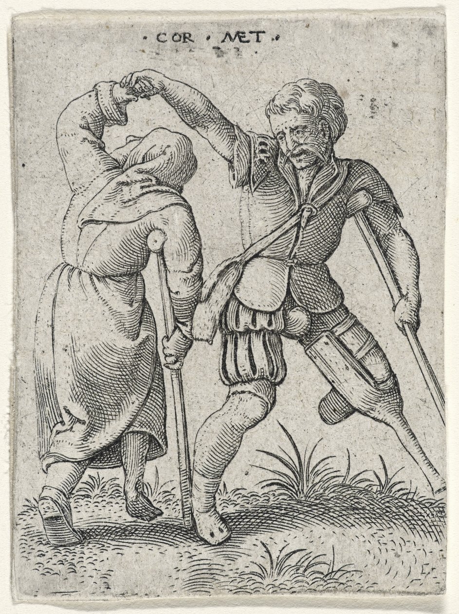 En man med ett träben som vänder en halt kvinna under armen, 1572 (gravyr på lagt papper) av Cornelis after Massys