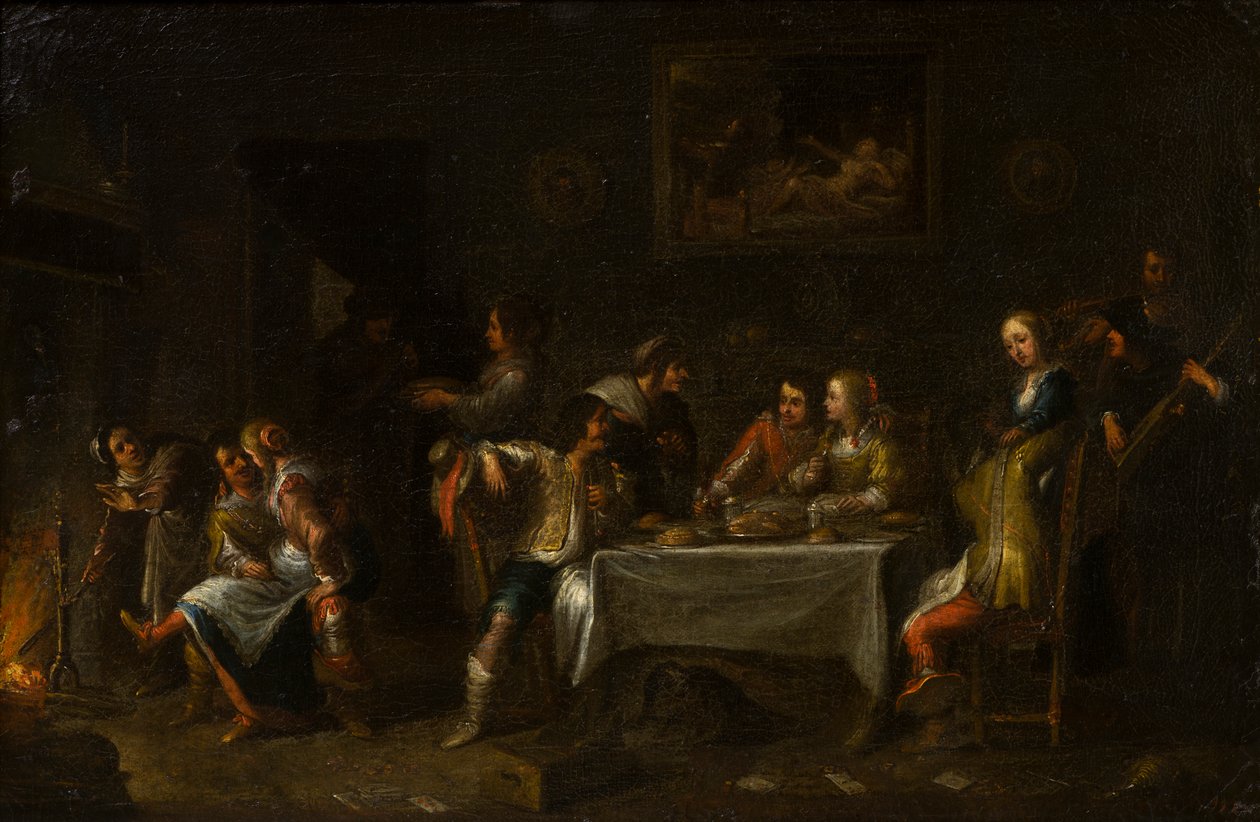 Mina damer och herrar festar runt ett bord, ca 1612-67 (olja, duk och papper) av Cornelis de (attr. to) Wael