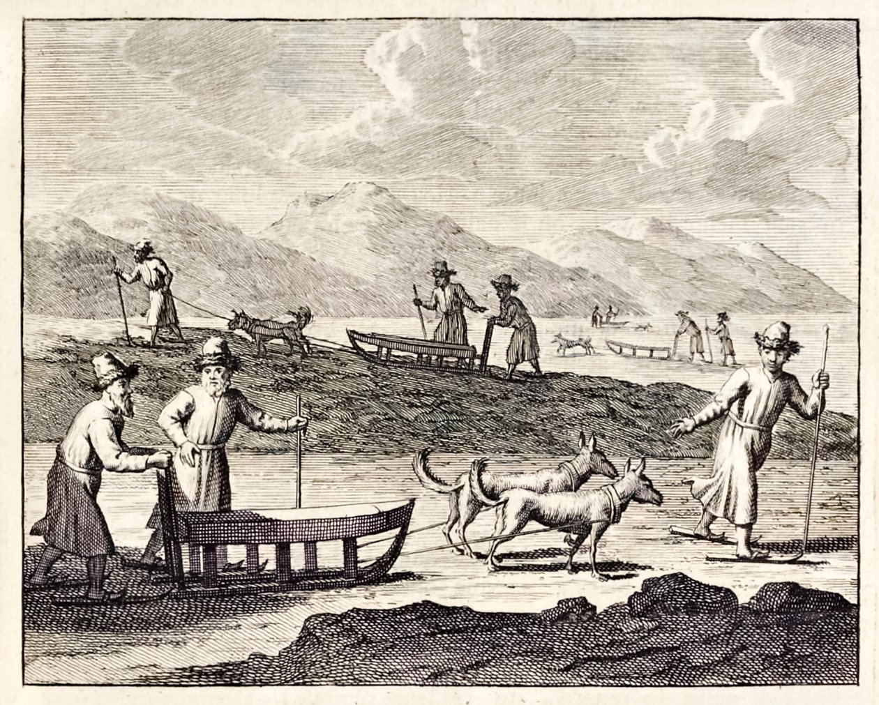 Ryssar som reser med hundspann i Sibirien.”, från ’Voyages de Corneille le Brun’. 1718 av Cornelis de Bruyn