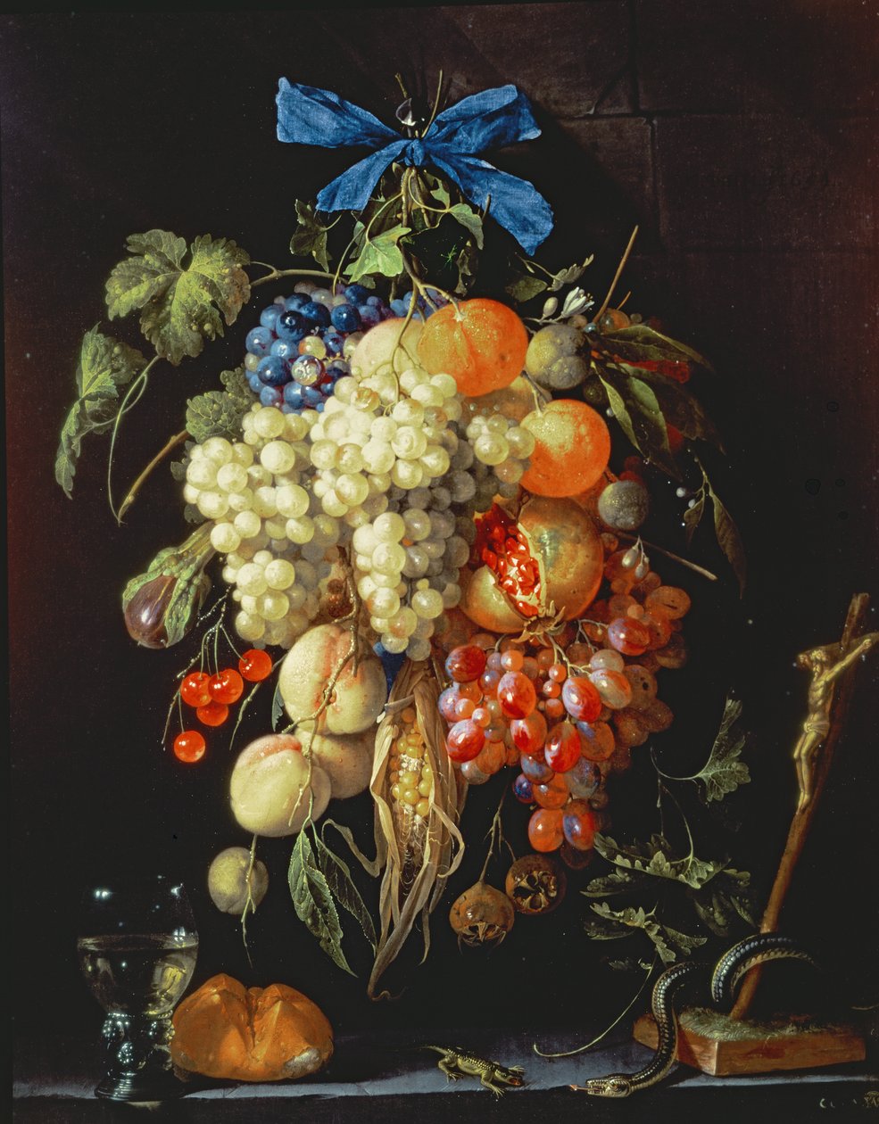 Fruktbukett med eukaristiska symboler på en avsats nedanför av Cornelis de Heem
