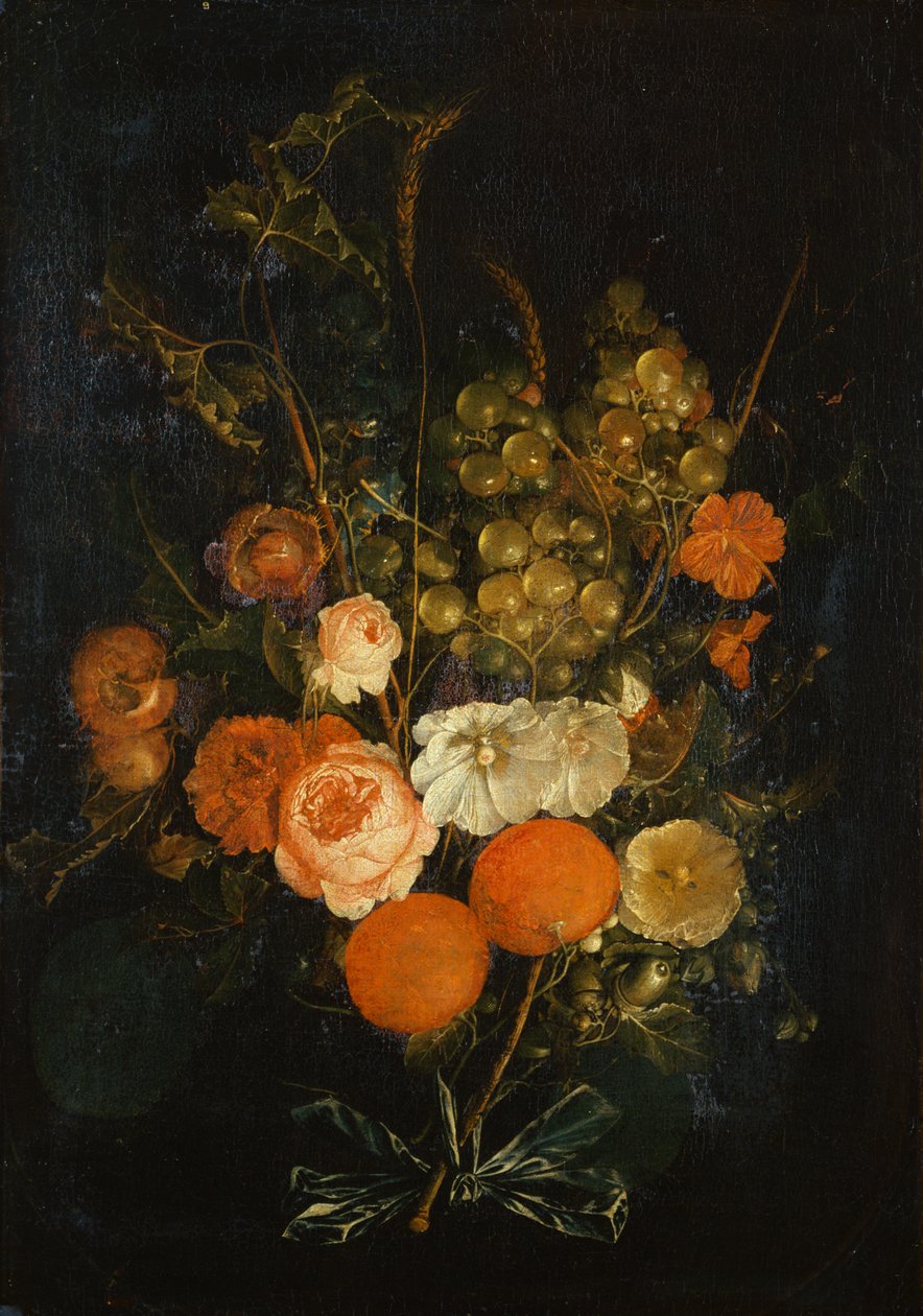 Ett gäng rosor, nejlikor, apelsiner, vindruvor, ekollon och kastanjer (olja på duk) av Cornelis de Heem